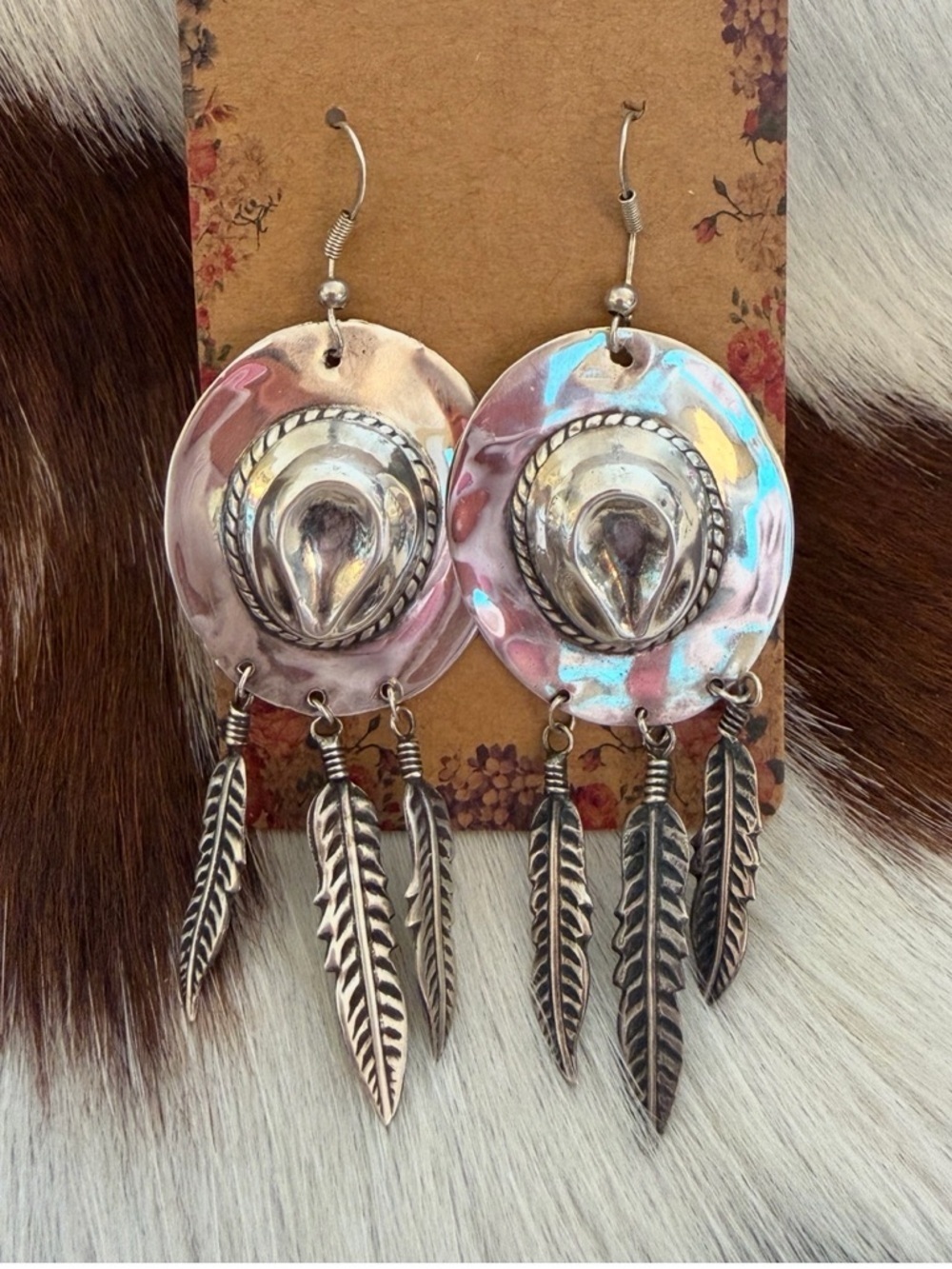 ❤️ Signed “PAJ” Vintage Sterling Silver 9.2G Cowboy Hat w Feather Dangles 3.12”L - Picture 10 of 17